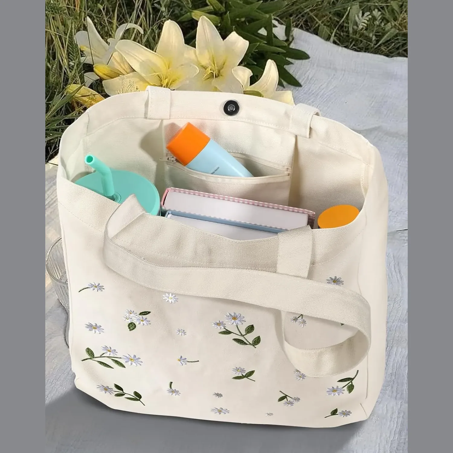 Aesthetic Embroidery Solid Color Open Closure Cotton Tote Bag