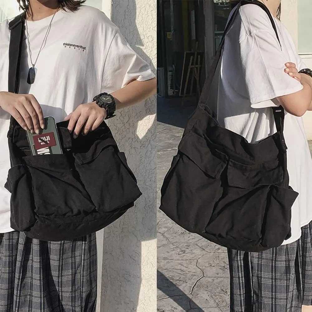 Canvas Messenger Bag Large Hobo Crossbody Bag With Multiple Pockets