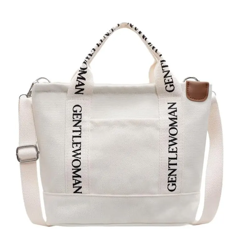 Canvas Tote Bag For Women With Zipper Closure Embroidery Decorated
