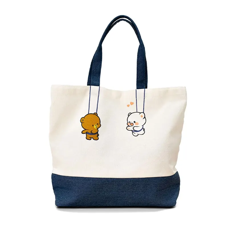 Canvas Tote Bag Waterproof Portable With Denim Straps Zipper Pocket