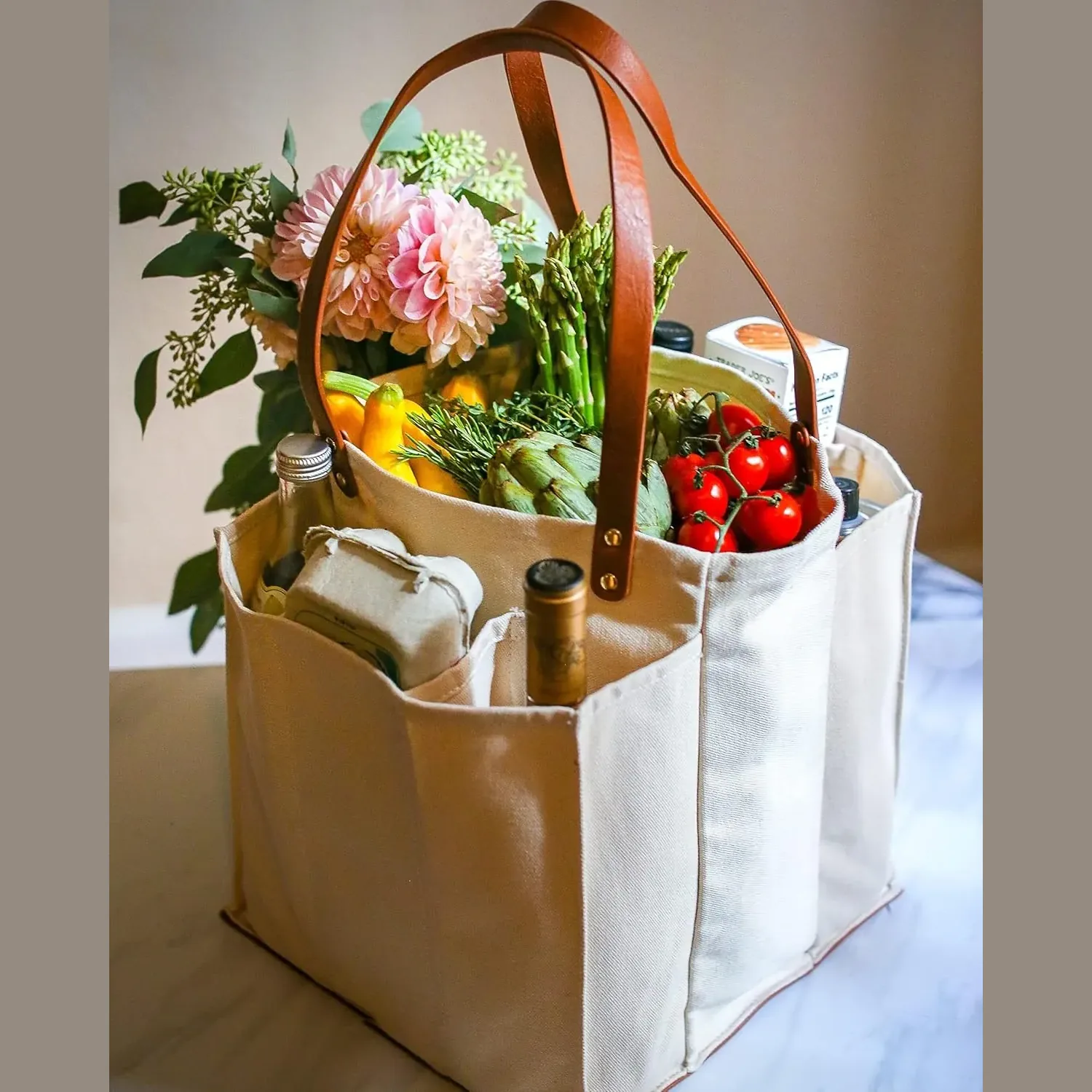 Canvas Tote Shopping Bag Long Handles Pocket Large Utility Heavy