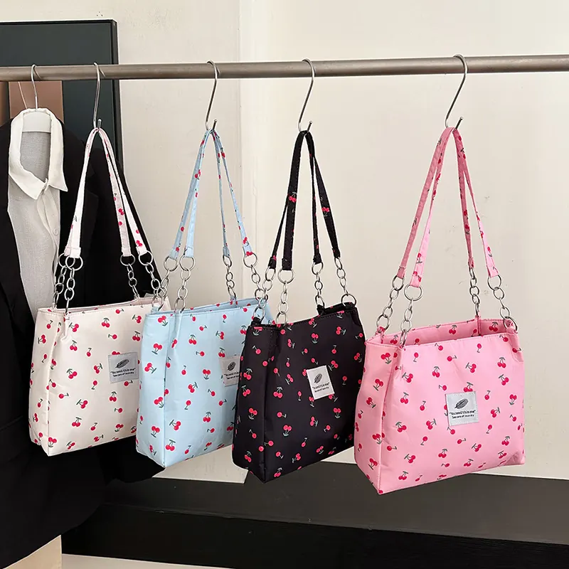 Cherry Print Black Blue White Pink Shoulder Bag Large Capacity