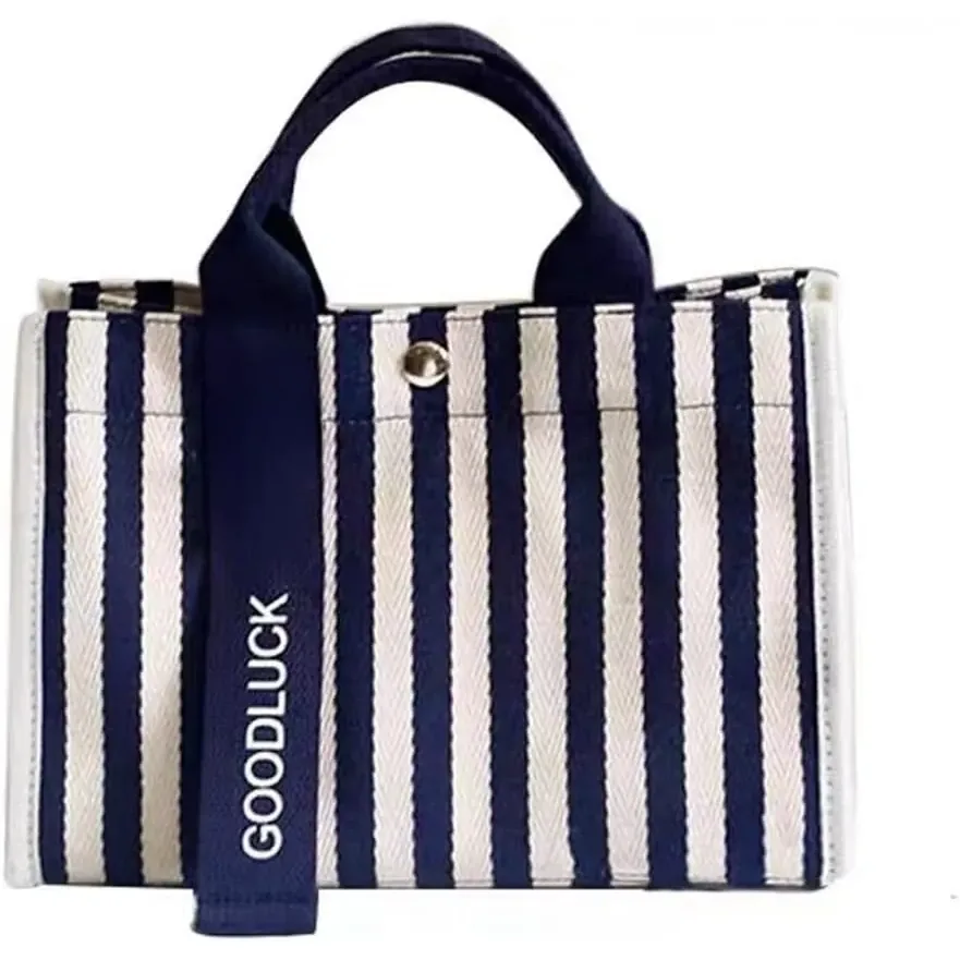 Custom Logo Canvas Tote Bag Women Reusable Zipper Pocket Striped