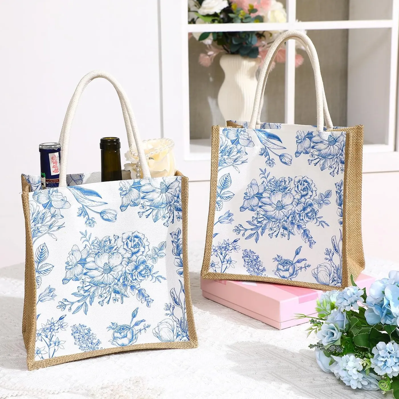 Customizable Blue White Vintage Burlap Tote Bags Reusable Jute Gift