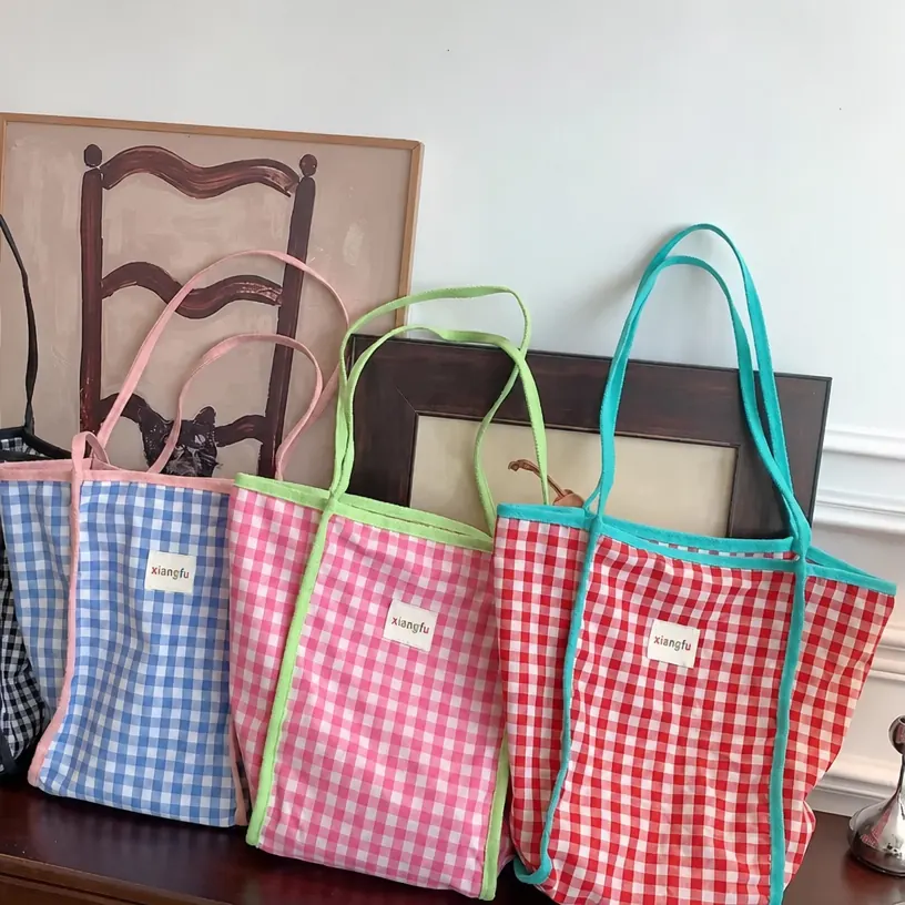 Fashion Blue White Plaid Cotton Bag Pink Trim Casual Ladies