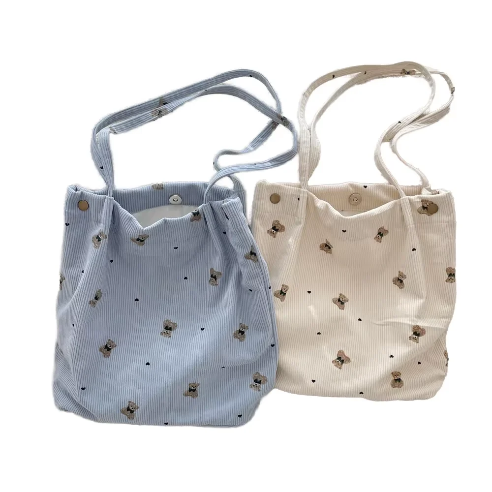 Large Capacity Women S Cartoon Bear Corduroy Shoulder Bag Polyester