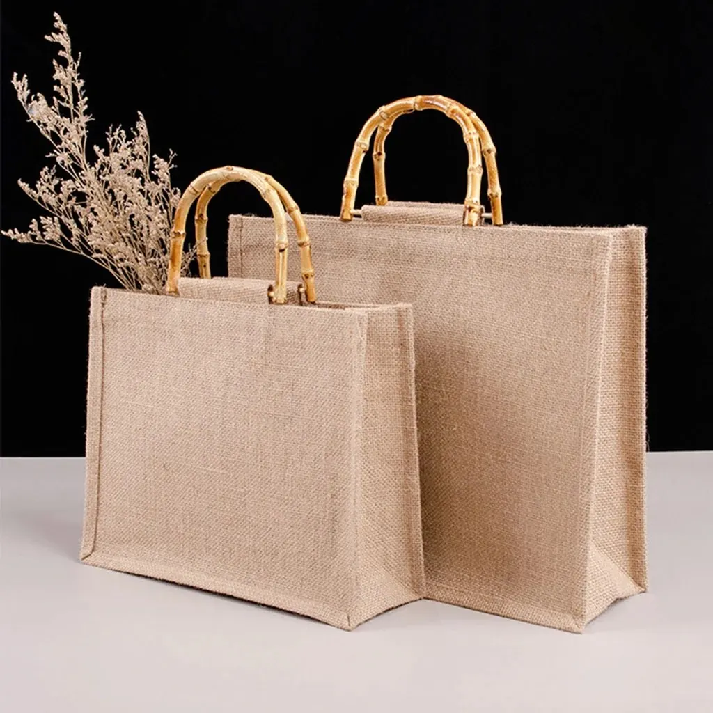 Portable Customizable Eco Friendly Burlap Jute Shopping Bag With Bamboo