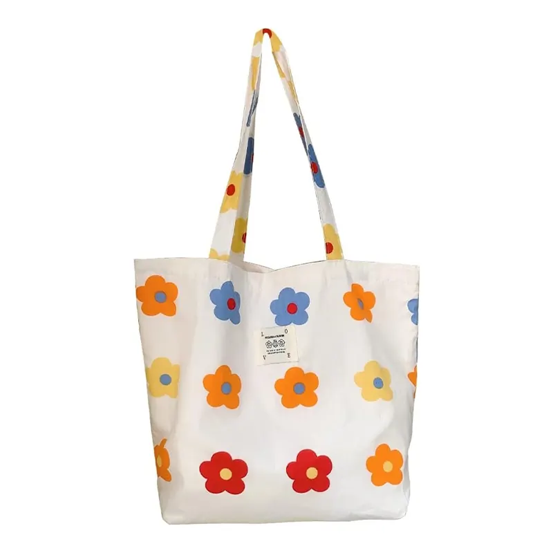 Reusable Women Canvas Tote Shoulder Bag With Zipper Closure Embroidery