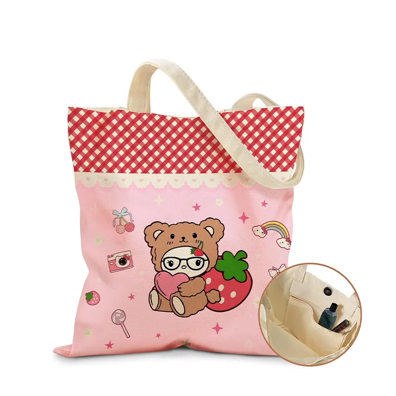 Reusable Women Canvas Tote Shoulder Bag With Zipper Closure Embroidery