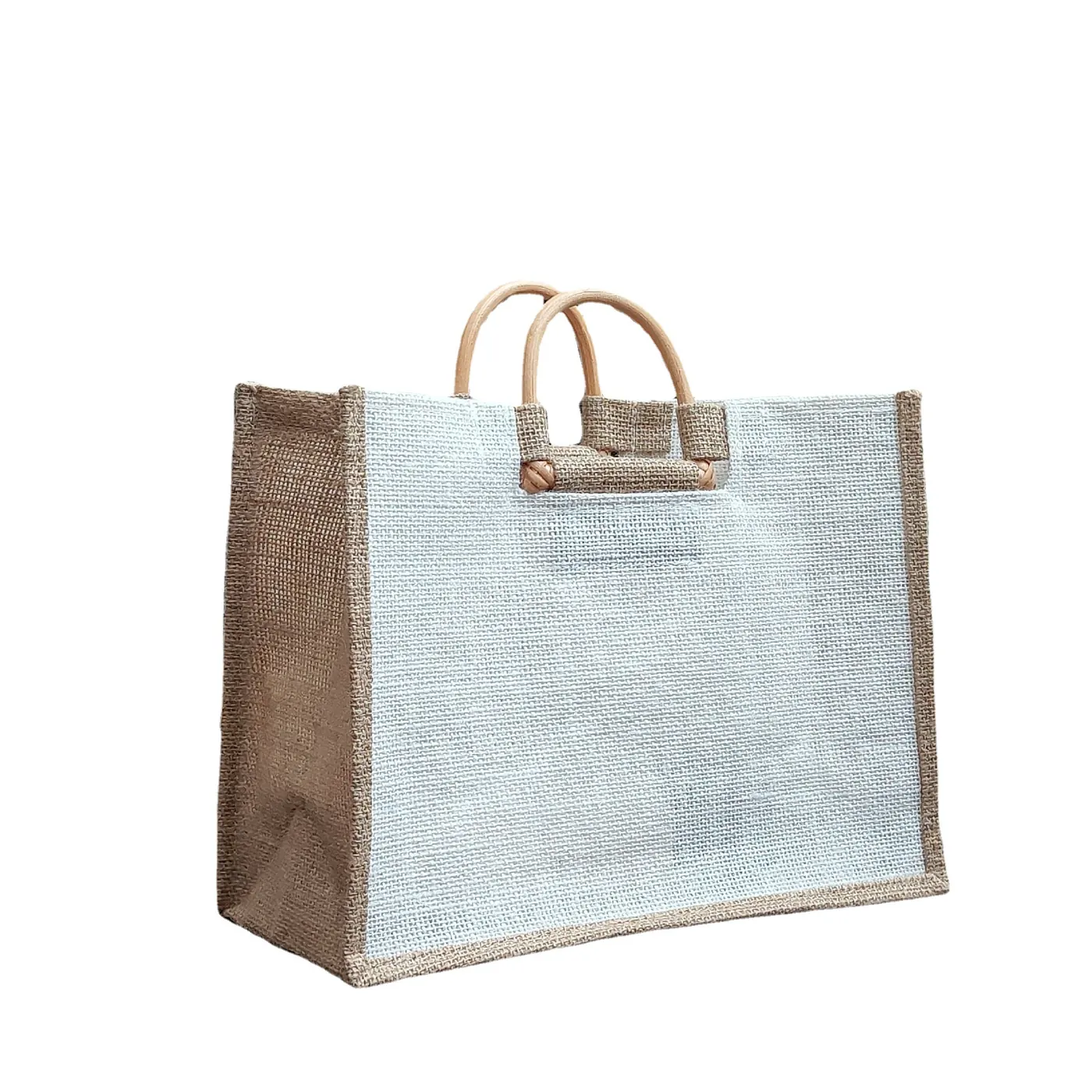 White Eco Friendly Reusable Customizable Jute Tote Bag With Rattan