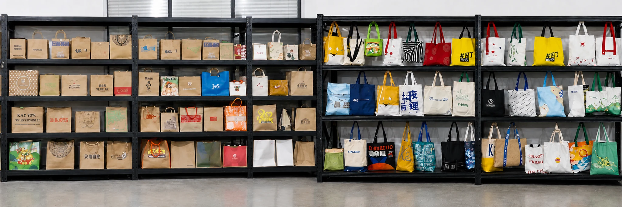 Xiangfu sample room displaying paper and reusable fabric bags