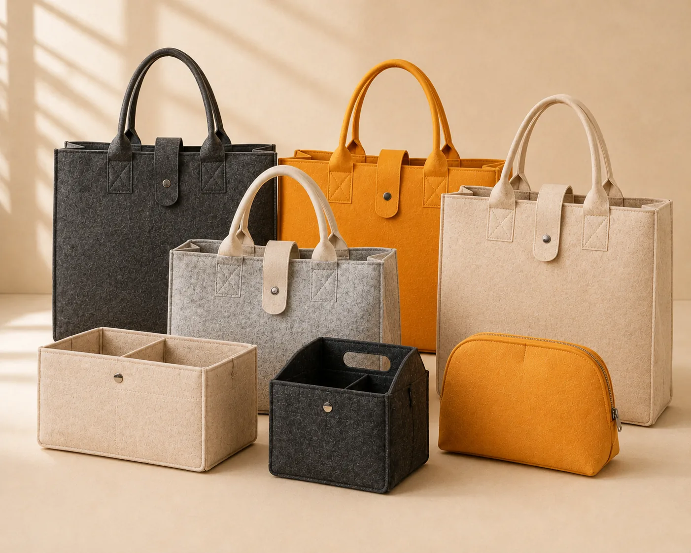 Felt tote bags, organizer bins and pouch in assorted colors