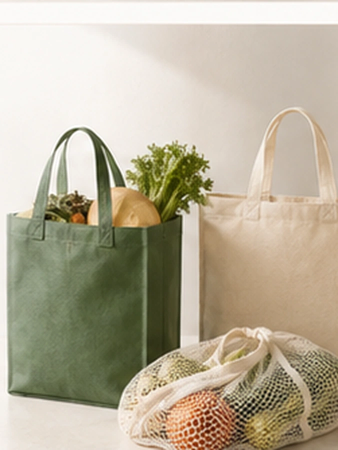 Reusable grocery totes with fresh produce