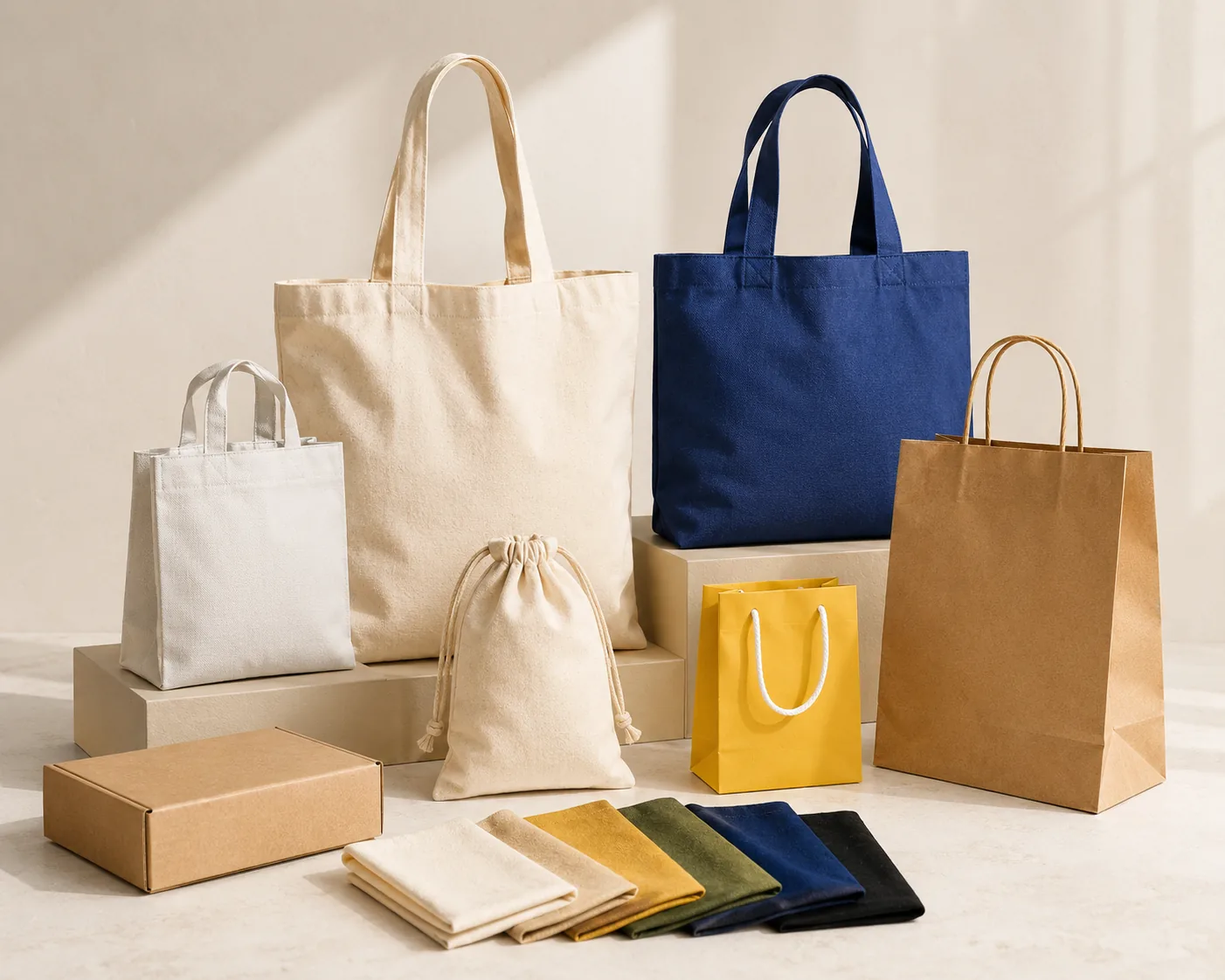 Assorted bag styles and sizes with fabric color swatches